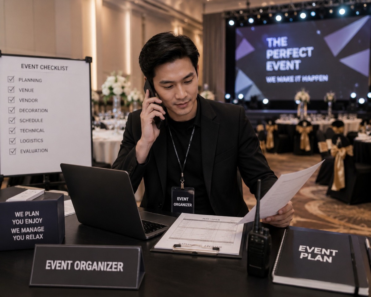 Event organizer mengoordinasikan acara lewat telepon di meja registrasi