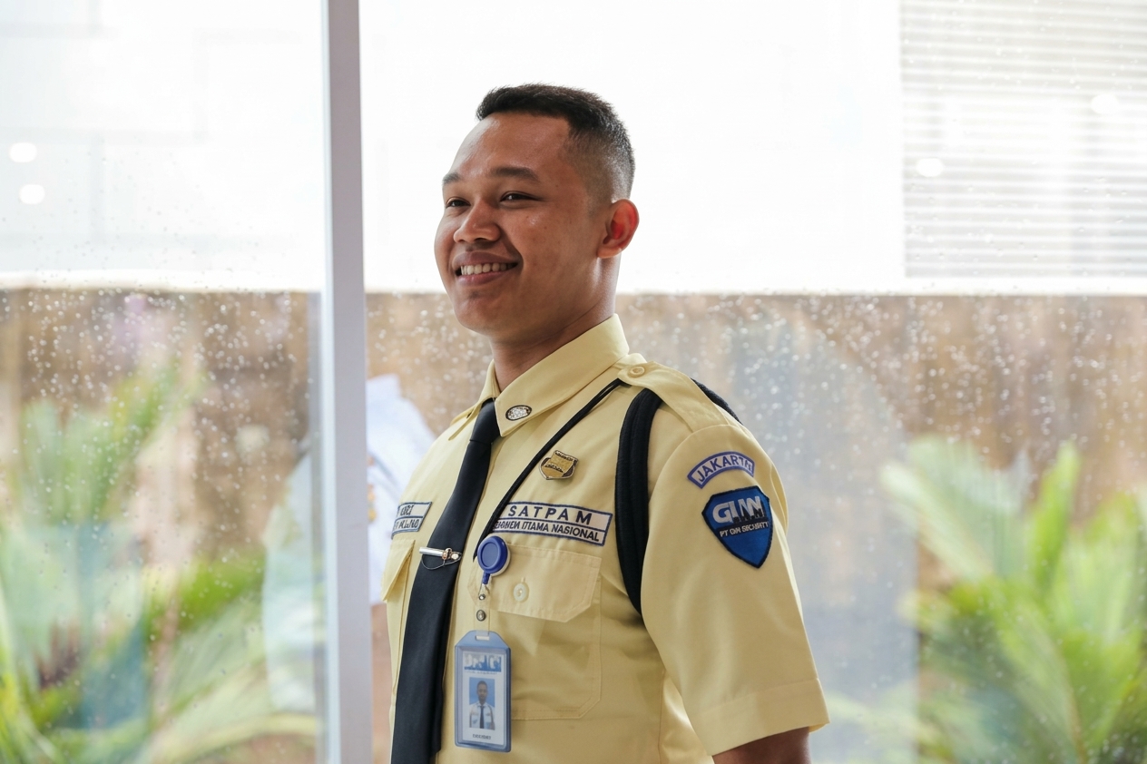 Satpam GUN berseragam tersenyum