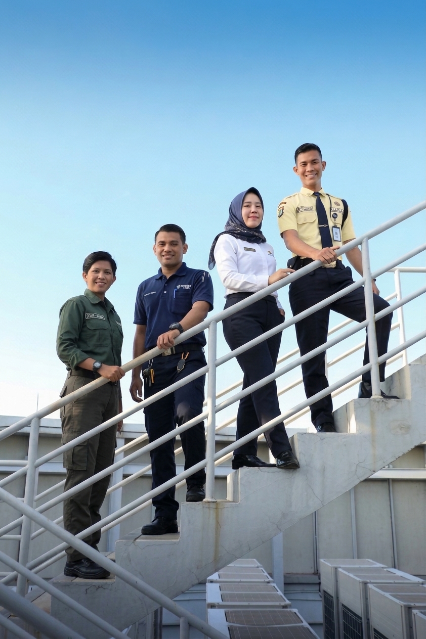 Tim personel Garda Utama Nasional berseragam di tangga gedung